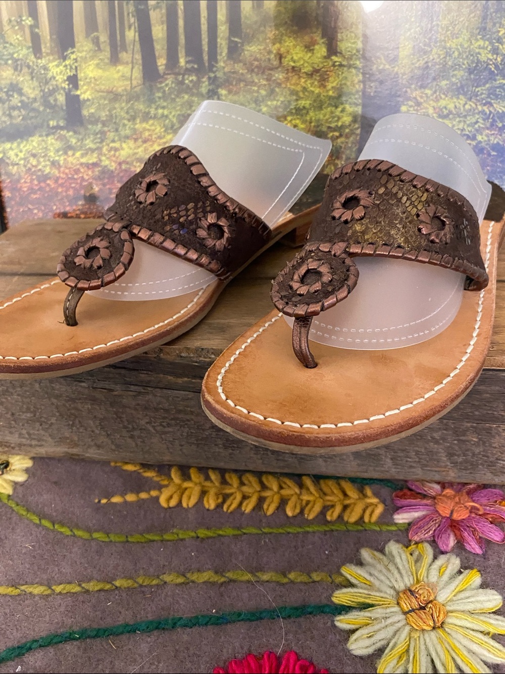 Jack Rogers Bronze Braided Leather Thong Sandals - Picture 2 of 7